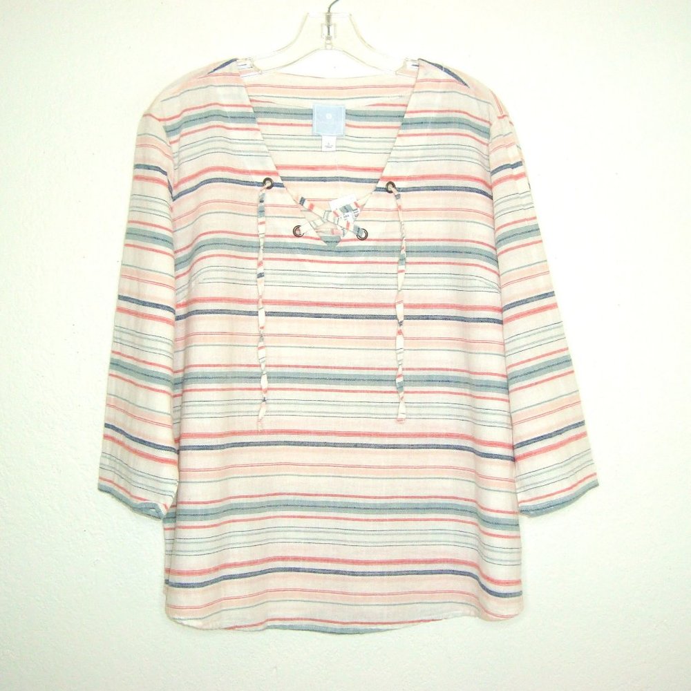 NEW DB SUNDAY Striped Linen Blend V-Neck Blouse Size L